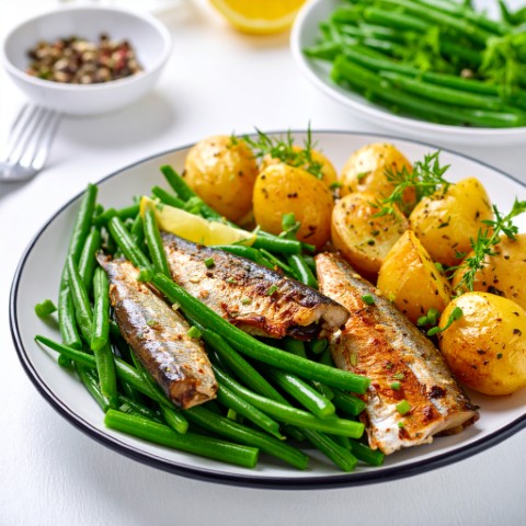 Assiette de pommes de terre, haricots verts et sardine
