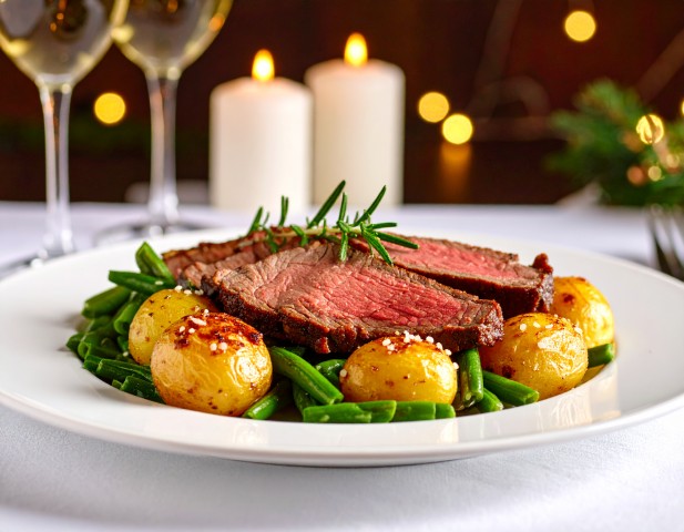 Pommes dauphine, Rôti de bœuf, Haricots verts