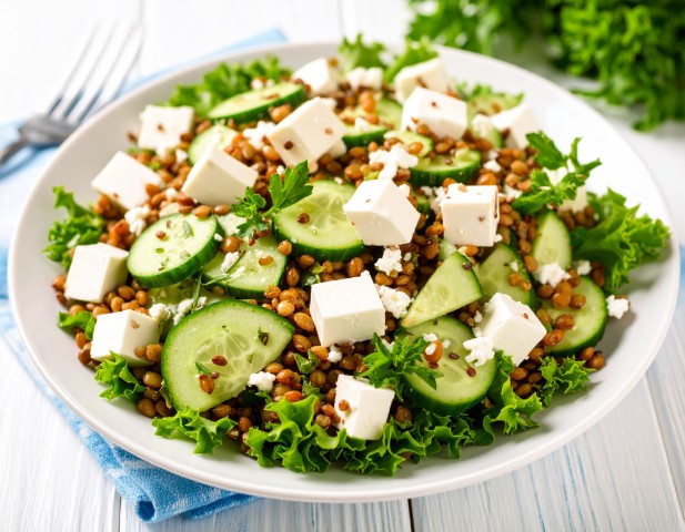 Salade composée - concombre, lentille et feta