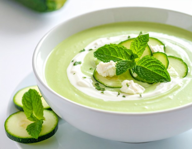 Soupe froide de courgette, menthe et chèvre frais