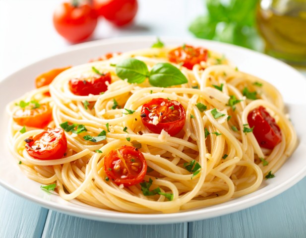 Spaghetti ail, huile d’olive et tomates rôties
