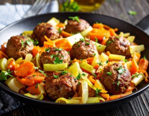 Poêlé de légumes (poireaux, carottes) et boulettes de viandes (Petit)